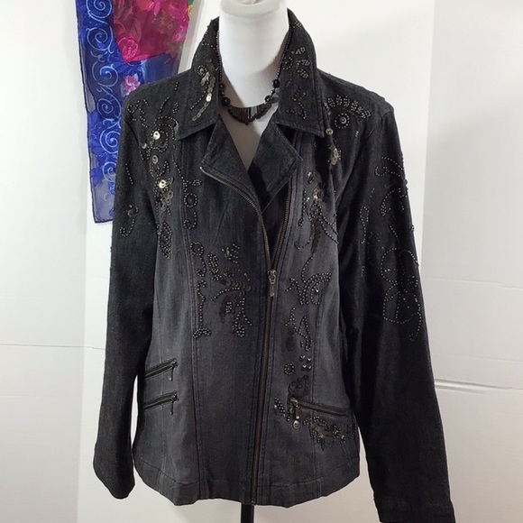 Chico's Jackets & Blazers - Chico’s black denim beaded moto jacket L